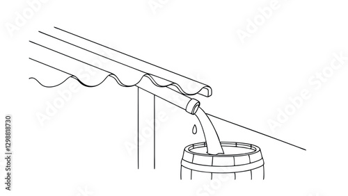 Line drawing shows rainwater flowing from a corrugated roof via gutters and a downspout into a barrel for collection and storage. Simple, efficient water conservation.