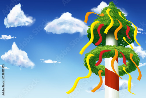 illustration of a cartoon maypole with colorful ribbons against a blue sky