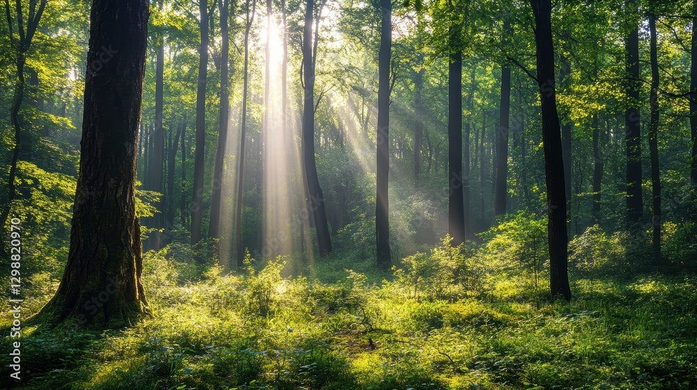 Fototapeta premium sunbeams in a lush green forest