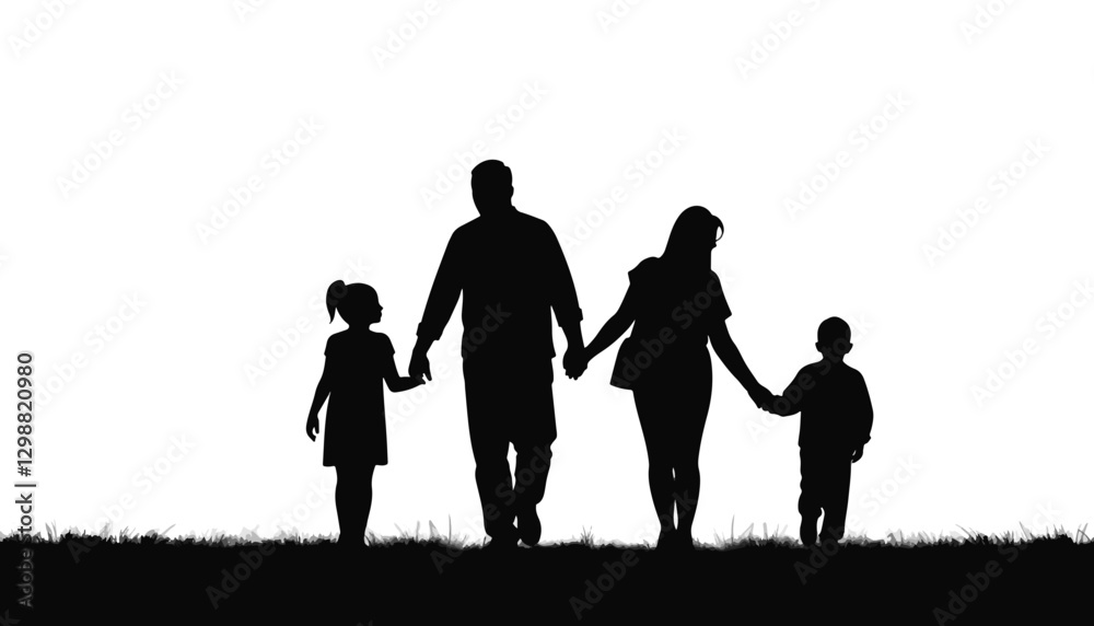 Silhouette family walking together on grass, unity and love Silhouette family walking together on grass, unity and love