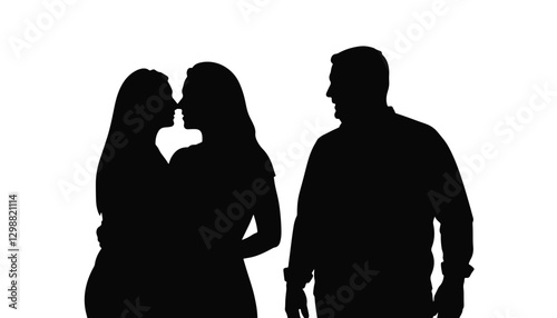 Cheerful silhouettes of parents embracing love on white background, unity