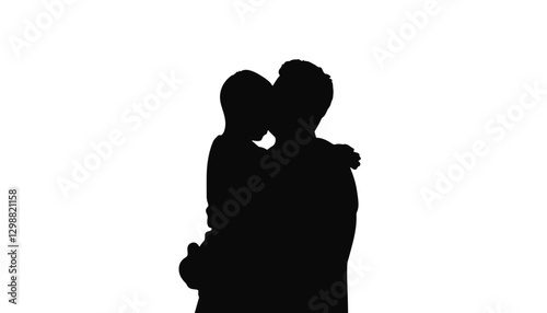 Silhouette of father embracing son on white background, love and connection