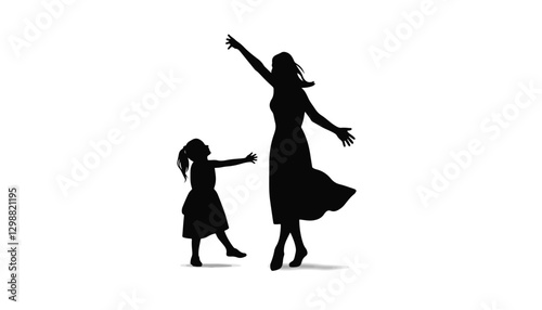 Mother and daughter dancing in silhouette on white background, love