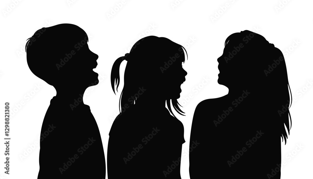 Three kids laughing in silhouette against white background, joyfulness Three kids laughing in silhouette against white background, joyfulness