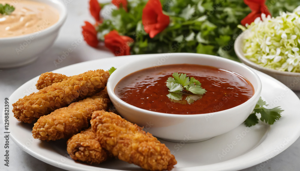 Crispy fried finger foods arranged around a flavorful dipping sauce, accompanied by assorted condiments, showcasing an inviting and appetizing party snack spread Crispy fried finger foods arranged around a flavorful dipping sauce, accompanied by assorted condiments, showcasing an inviting and appetizing party snack spread