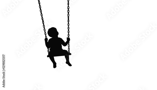 Silhouette of a child swinging joyfully against a white background, innocence