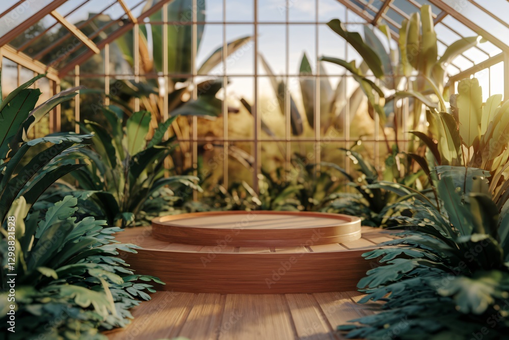 Serene Wooden Platform in Lush Greenhouse with Tropical Plants. Serene Wooden Platform in Lush Greenhouse with Tropical Plants.
