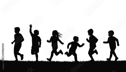 Playful kids running in silhouette on white background, joy of childhood
