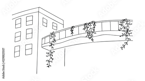 Ivy Covered Pedestrian Bridge Connecting City Buildings Sketch