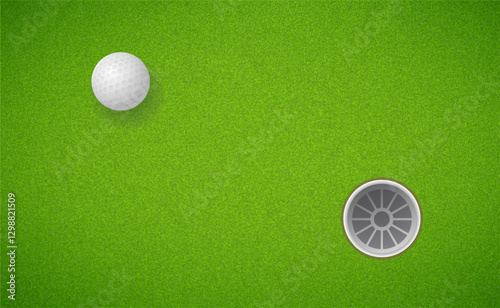 Golf ball and golf hole on green grass background. Vector EPS 10