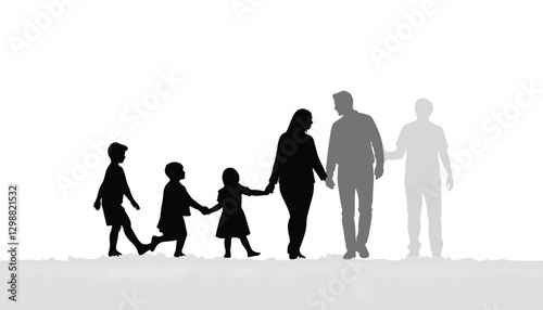 Happy family silhouette walking together on white background, unity
