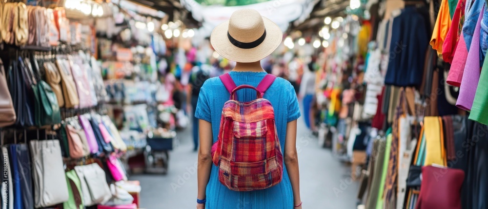Obraz premium Woman in Straw Hat Walking Through a Market