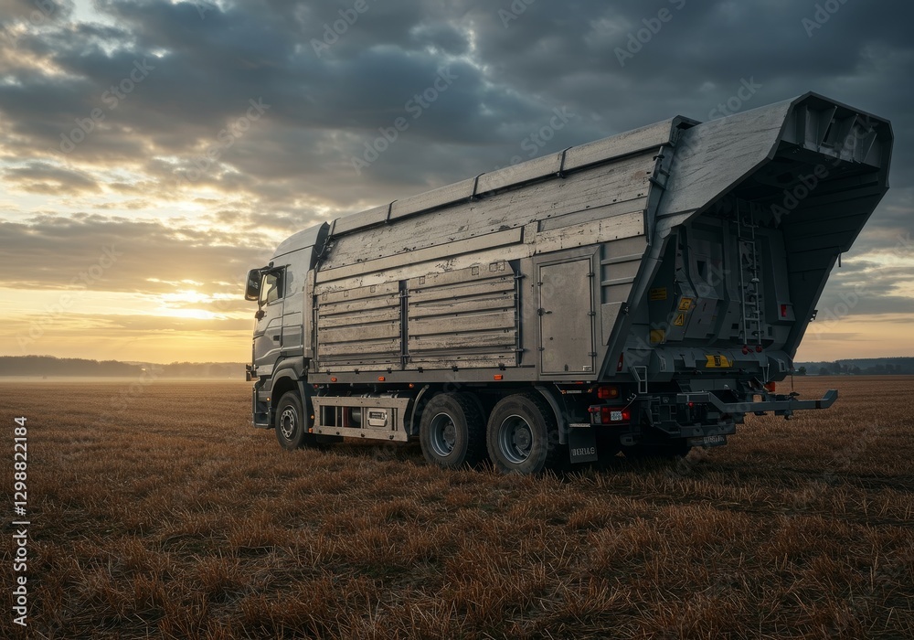 Obraz premium Heavy duty truck parked in the field at sunset - A stunning view of a heavy duty truck with an open rear, positioned in a golden field during sunset, capturing rural scenery and heavy machinery