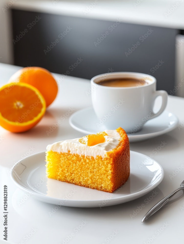 A slice of orange-flavored cake with a moist and airy texture. Soft, fluffy cake on a white plate with a golden brown crust. A slice of orange-flavored cake with a moist and airy texture. Soft, fluffy cake on a white plate with a golden brown crust.