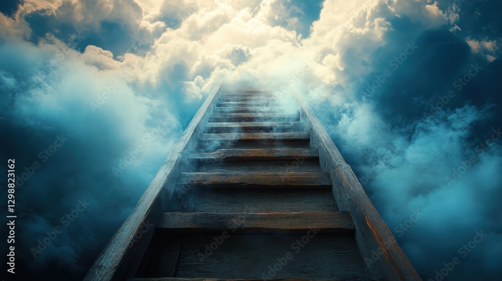 A wooden staircase surrounded by soft clouds, evoking a sense of peaceful ascent towards enlightenment. A wooden staircase surrounded by soft clouds, evoking a sense of peaceful ascent towards enlightenment.