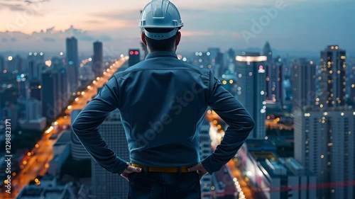 Cityscape Guardian: An engineer in a hard hat surveys a sprawling metropolis, bathed in the tranquil hues of twilight, symbolizing visionary leadership.