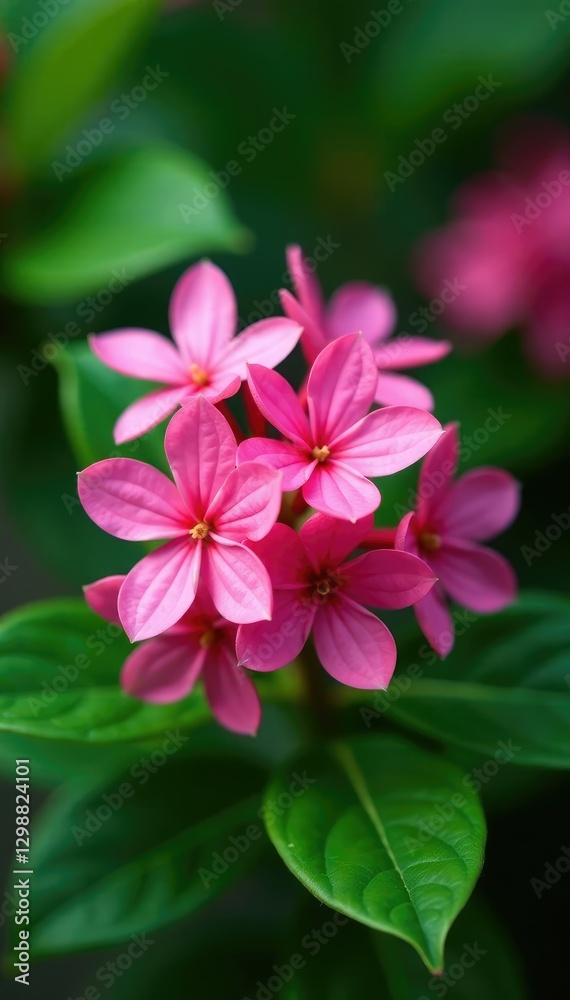Fresh pink and green foliage with Ixora blooms on a stem,, stem, green Fresh pink and green foliage with Ixora blooms on a stem,, stem, green