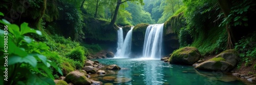 Lush greenery surrounds serene waterfall cascading into crystal clear stream, waterfalls, wilderness, rainforests