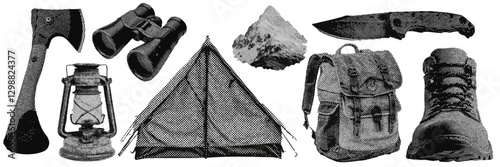 Set of outdoor camping and hiking halftone grunge vector design elements