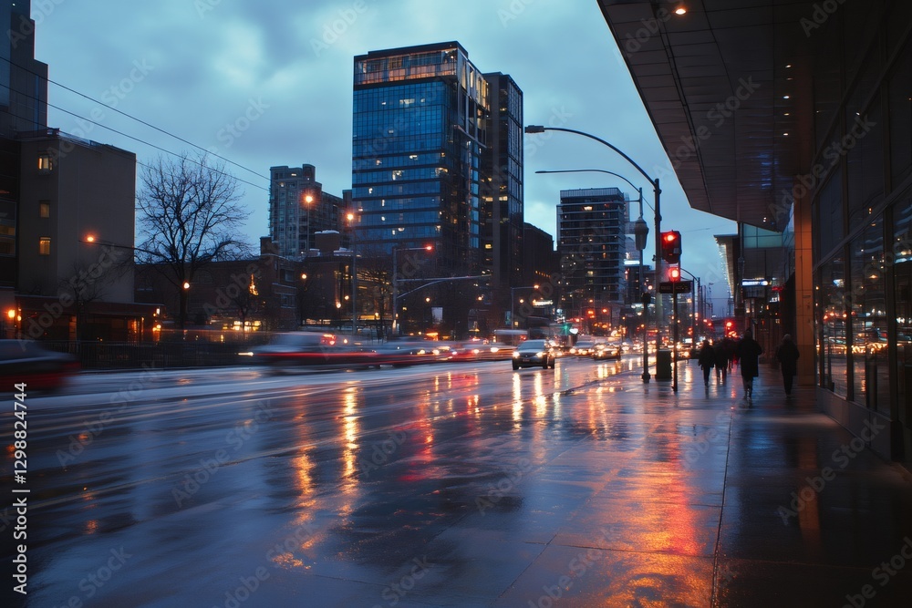 Obraz premium Cityscape at Dusk: A mesmerizing view of a vibrant cityscape during twilight, featuring the glow of city lights reflecting off a wet street. capturing the energy and essence of urban life.