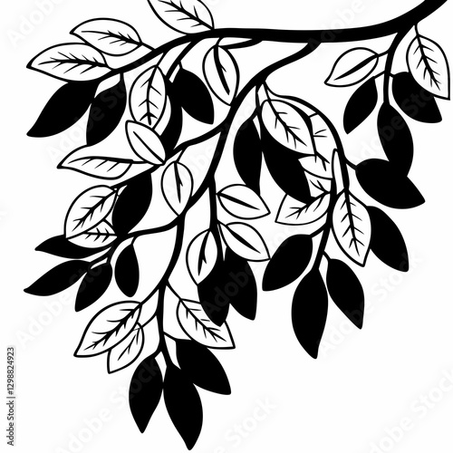 black and white Vector illustration of a branch with leaves in white background