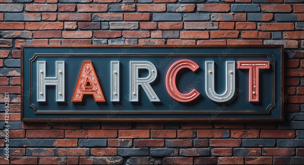 Haircut lettering on a signage in brick wall dark background Haircut lettering on a signage in brick wall dark background