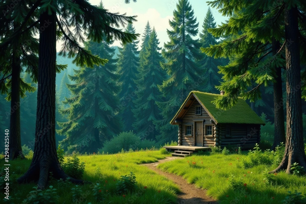 Tall evergreen trees surrounding a wooden hunting hut, evergreen, woods, nature Tall evergreen trees surrounding a wooden hunting hut, evergreen, woods, nature