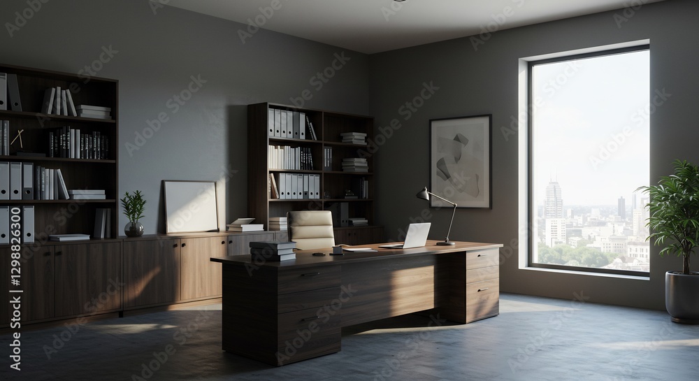 Modern office bathed in warm sunlight showcasing minimalist design. AI Generated Modern office bathed in warm sunlight showcasing minimalist design. AI Generated