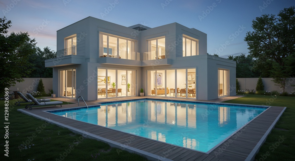 Fototapeta premium Modern house glows softly at dusk reflecting in tranquil pool. AI Generated