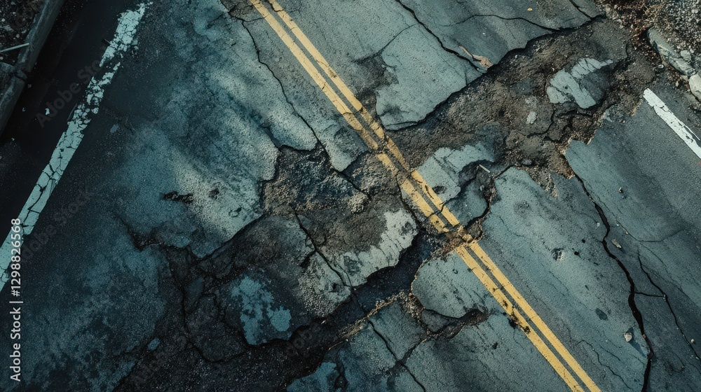 Fototapeta premium Severely Cracked Asphalt Road Surface Showing Yellow Lines