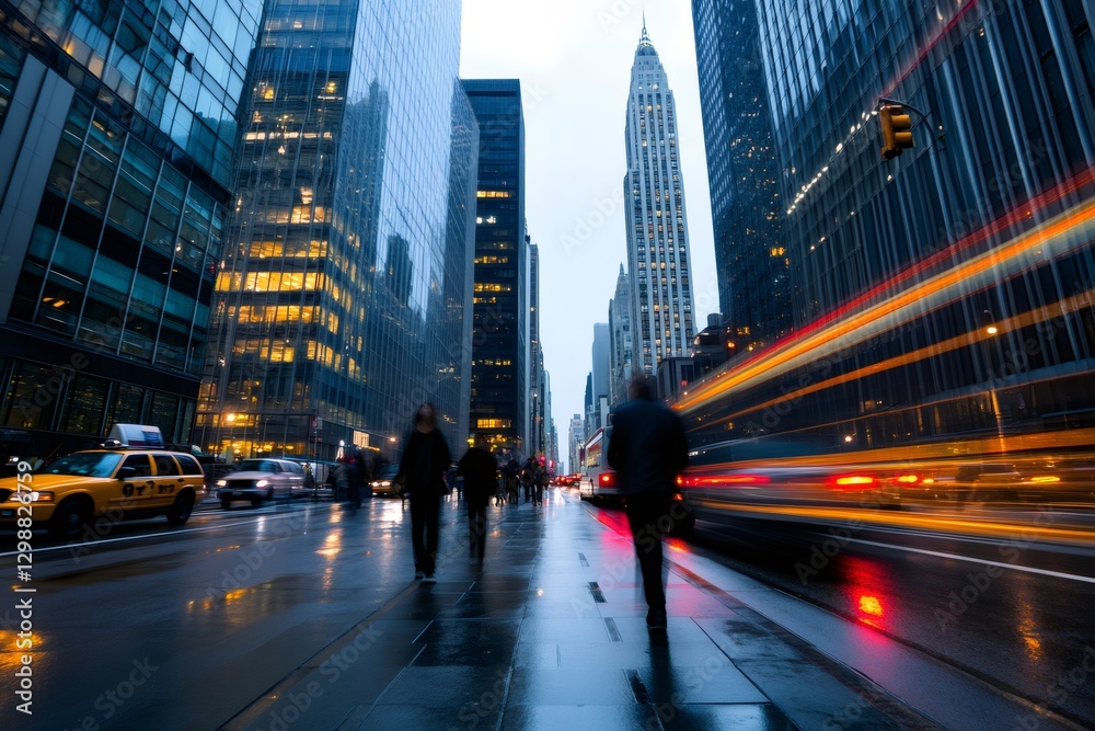 Fototapeta premium Cityscape in Motion: Capturing the energy of a bustling cityscape, with pedestrians, blurred vehicle trails, and iconic skyscrapers. A dynamic scene of urban life and architecture.