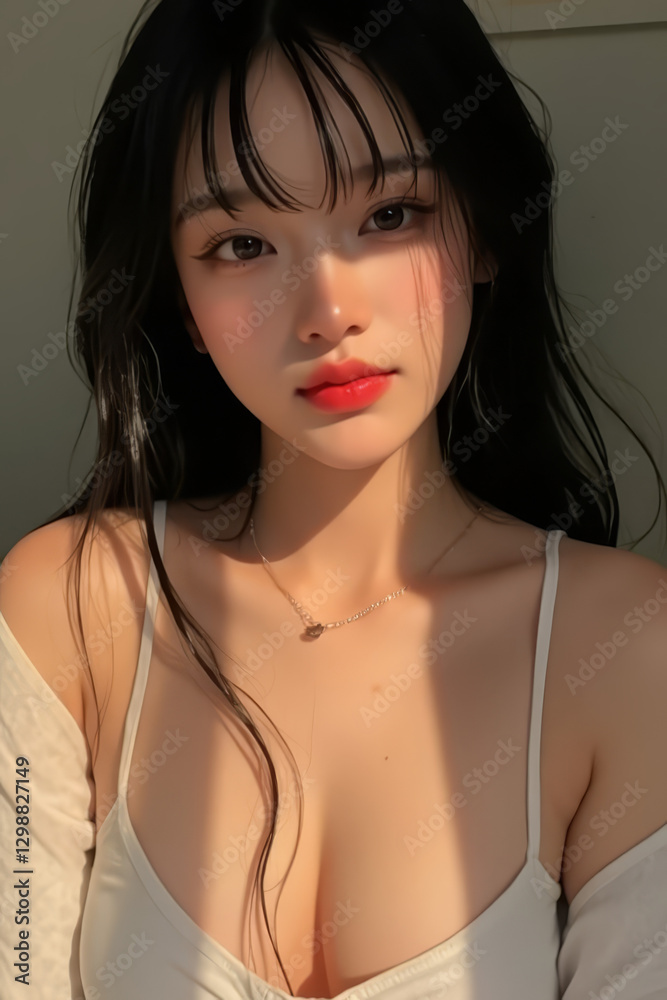 Naklejka premium Asian Model in Tropical Environment - Young Woman with Wet Look - Long Wet Hair and Sunny Daylight - Portrait of Eastern Beauty for Fashion or Cosmetic Model - Sunset Photoshoot