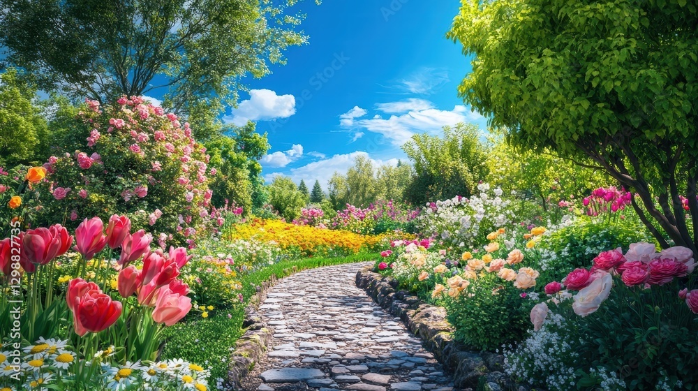Naklejka premium spring garden path cobblestone flowers