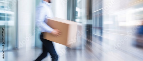 Blurred Motion of a Man Carrying a Box in an Office Building