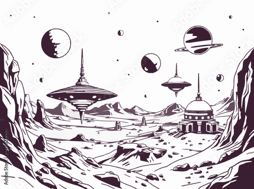 Vector Art of Alien Settlements in Outer Space