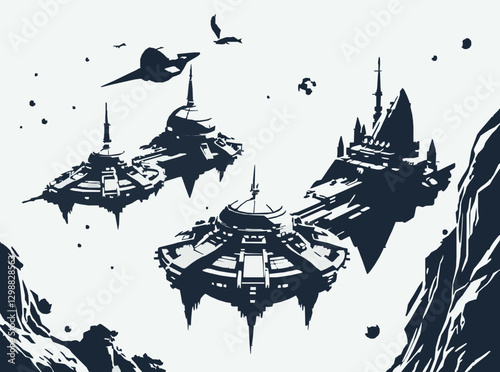 Vector Art of Alien Settlements in Outer Space
