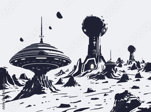 Vector Art of Alien Settlements in Outer Space