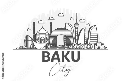 Baku, Azerbaijan architecture line skyline illustration with shadows. Linear vector cityscape with famous landmarks, city sights, design icons.