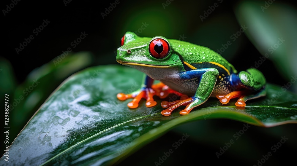 A macro photograph of a green tree frog perched on a leaf, highlighting its vivid colors and textured skin in a natural habitat. A macro photograph of a green tree frog perched on a leaf, highlighting its vivid colors and textured skin in a natural habitat.