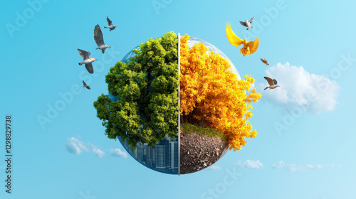 surreal depiction of Earth as floating half sphere, showcasing vibrant green trees on one side and golden autumn foliage on other, surrounded by birds and clear blue sky