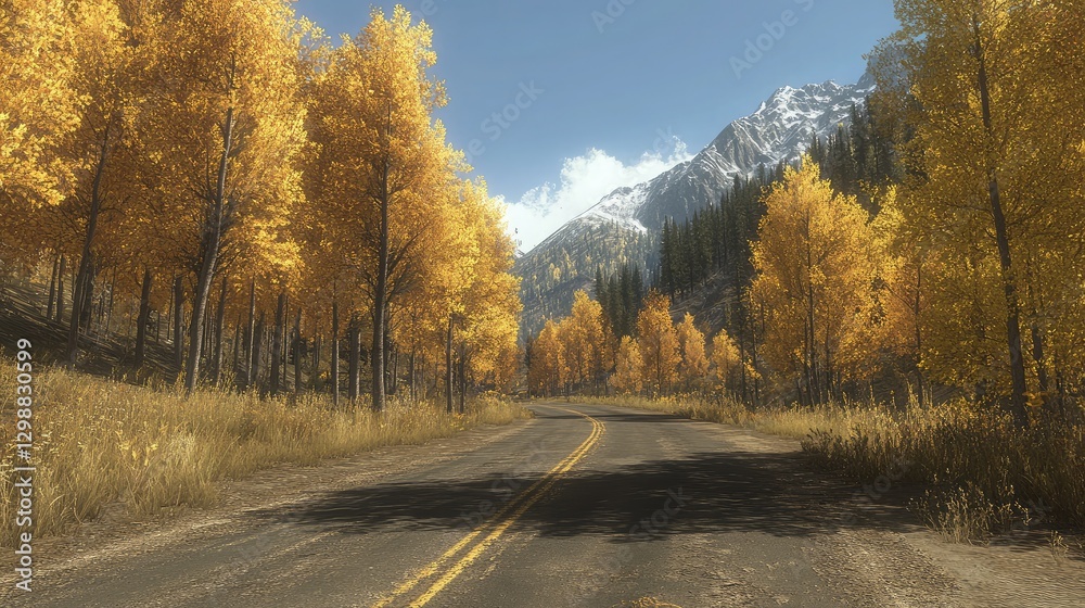 Obraz premium A picturesque view of a winding country road lined with tall, golden-leaved trees in autumn, under a clear, bright sky.