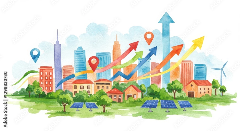 Fototapeta premium Vibrant Watercolor Illustration of Eco Friendly City with Urban Buildings and Greenery - A colorful watercolor illustration showcasing urban buildings, green trees, solar panels, and upward arrows