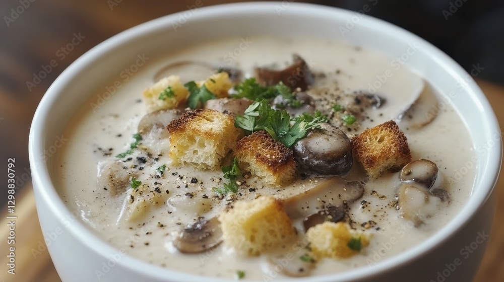 Bowl of Creamy Mushroom Soup with Croutons Bowl of Creamy Mushroom Soup with Croutons