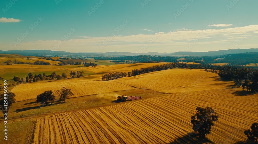 Fototapeta premium Harvesting Wheat in Golden Fields with Combine Harvester Under Blue Sky