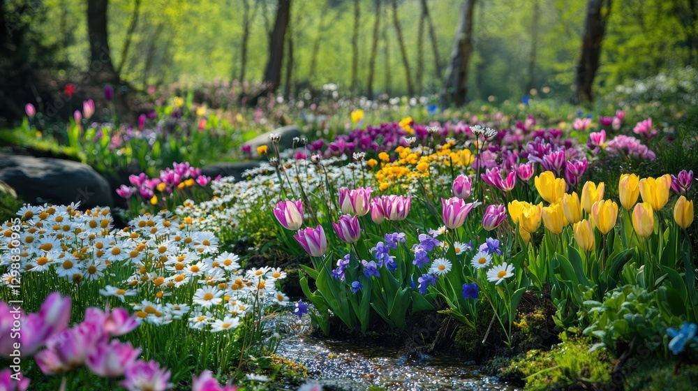 colorful spring flowers blooming beside stream colorful spring flowers blooming beside stream