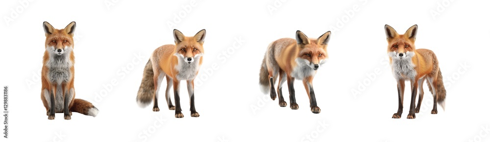Fototapeta premium Four red foxes in various poses displaying natural beauty and curious expressions