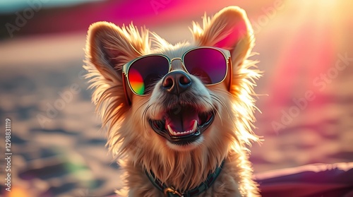 The dog is wearing sunglasses on the beach