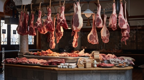 An old-fashioned butcher shop featuring hanging and displayed cuts