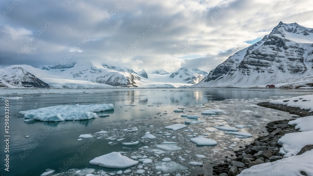 Stunning Arctic scene with floating icebergs in a calm sea and majestic mountains under a cloudy sky Stunning Arctic scene with floating icebergs in a calm sea and majestic mountains under a cloudy sky