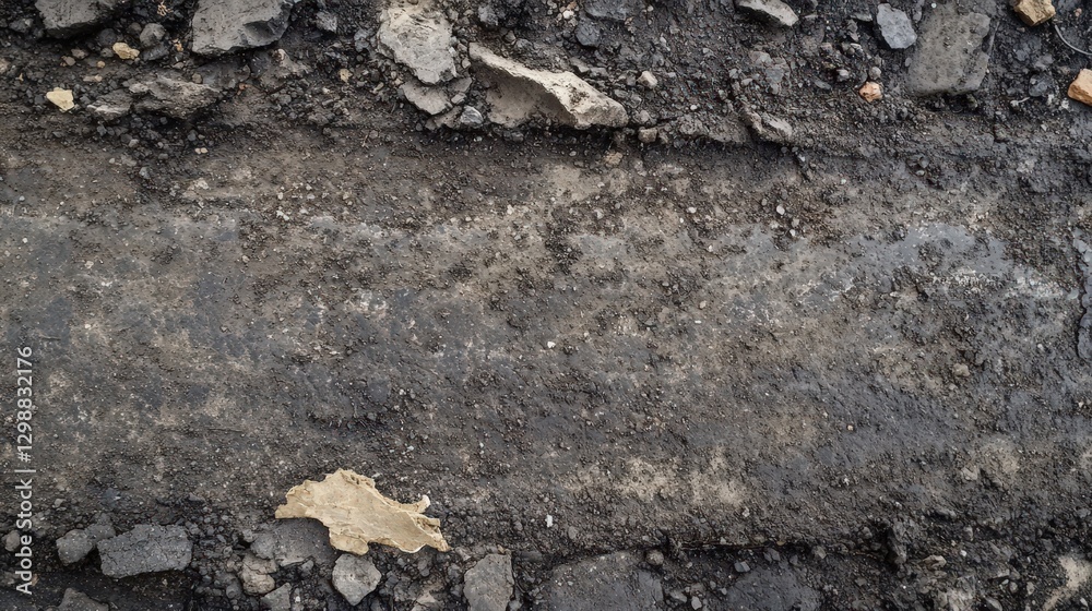 Fototapeta premium Dark Soil Ground With Rocks And Debris